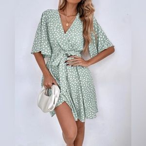 SHEIN VCAY Allover Print Flounce Sleeve Belted Dress